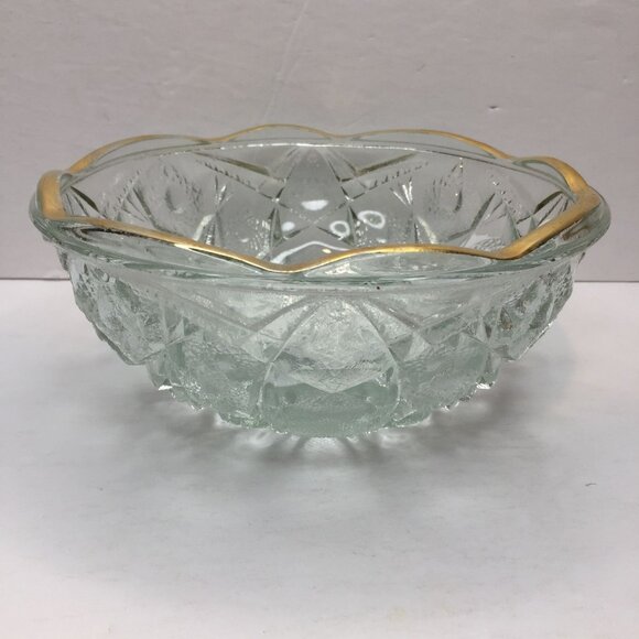 Vintage 1950s 8" Crystal Starburst Cut Glass Serving Bowl Gold Scalloped Rim - Picture 1 of 9